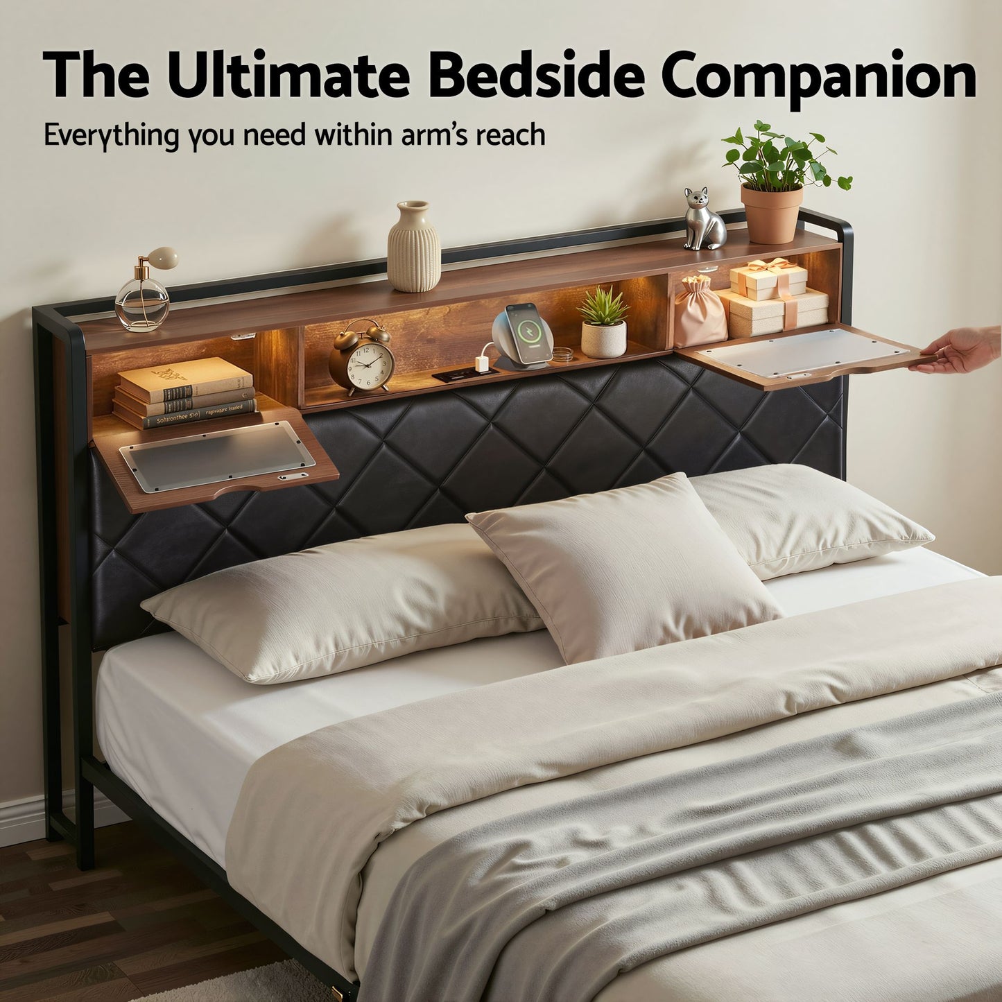 Muse Bed Frame with LED Lights Storage Headboard - Black King