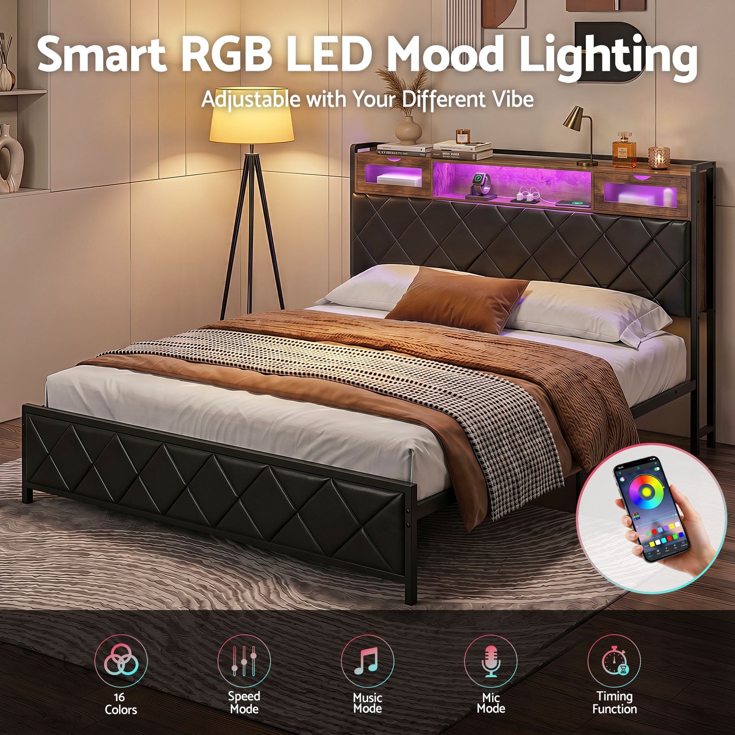 Muse Bed Frame with LED Lights Storage Headboard - Black King