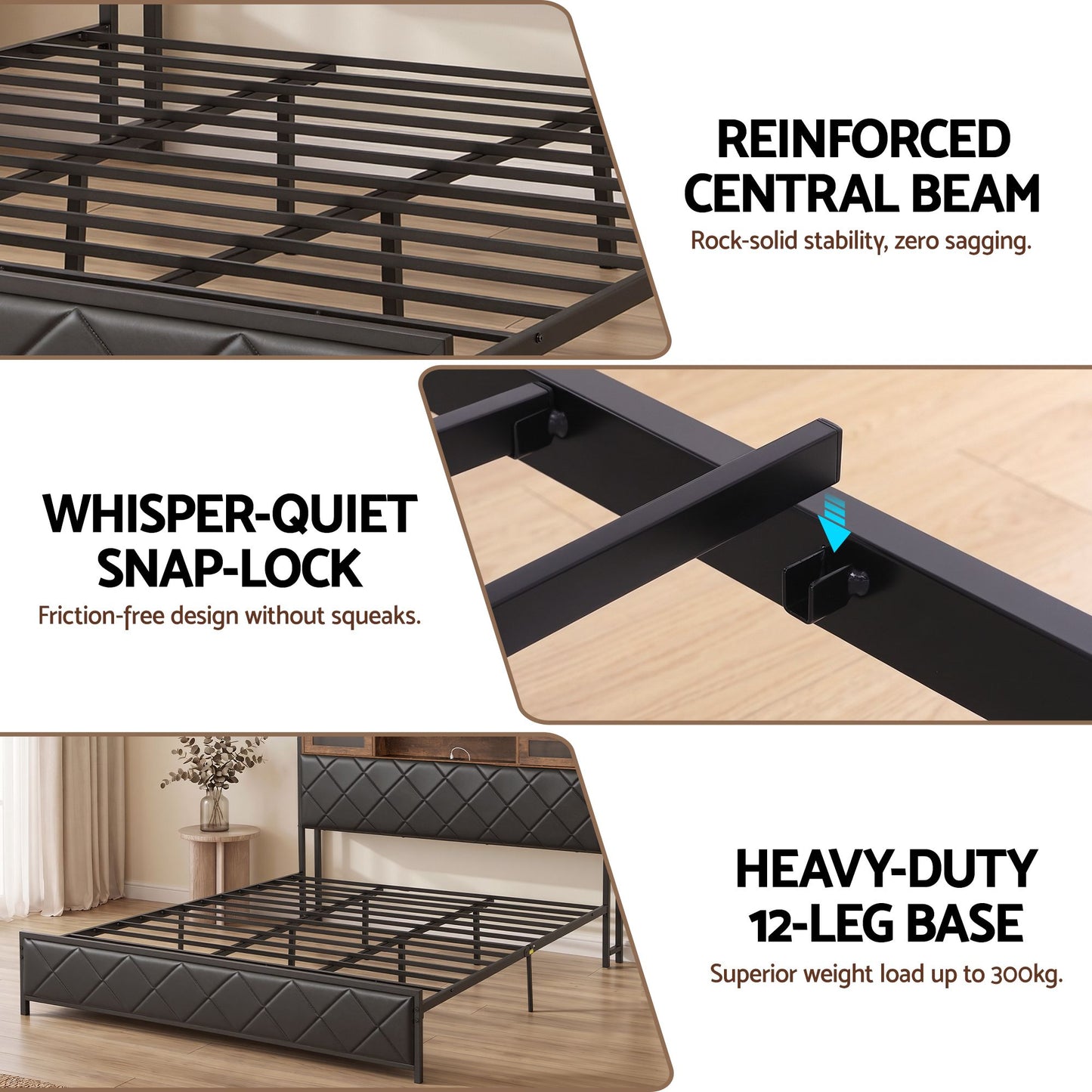 Muse Bed Frame with LED Lights Storage Headboard - Black King