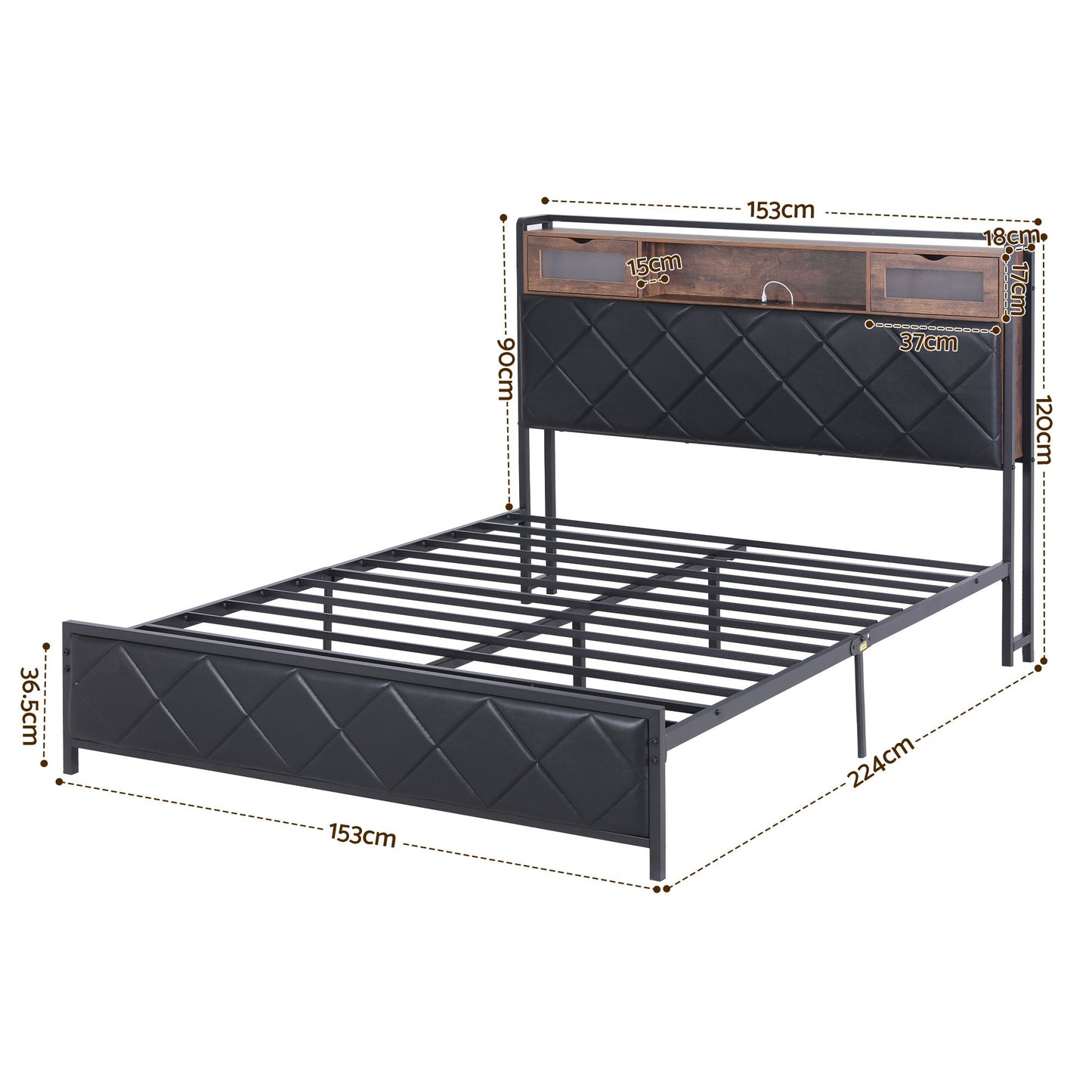 Muse Bed Frame with LED Lights Storage Headboard - Black Queen