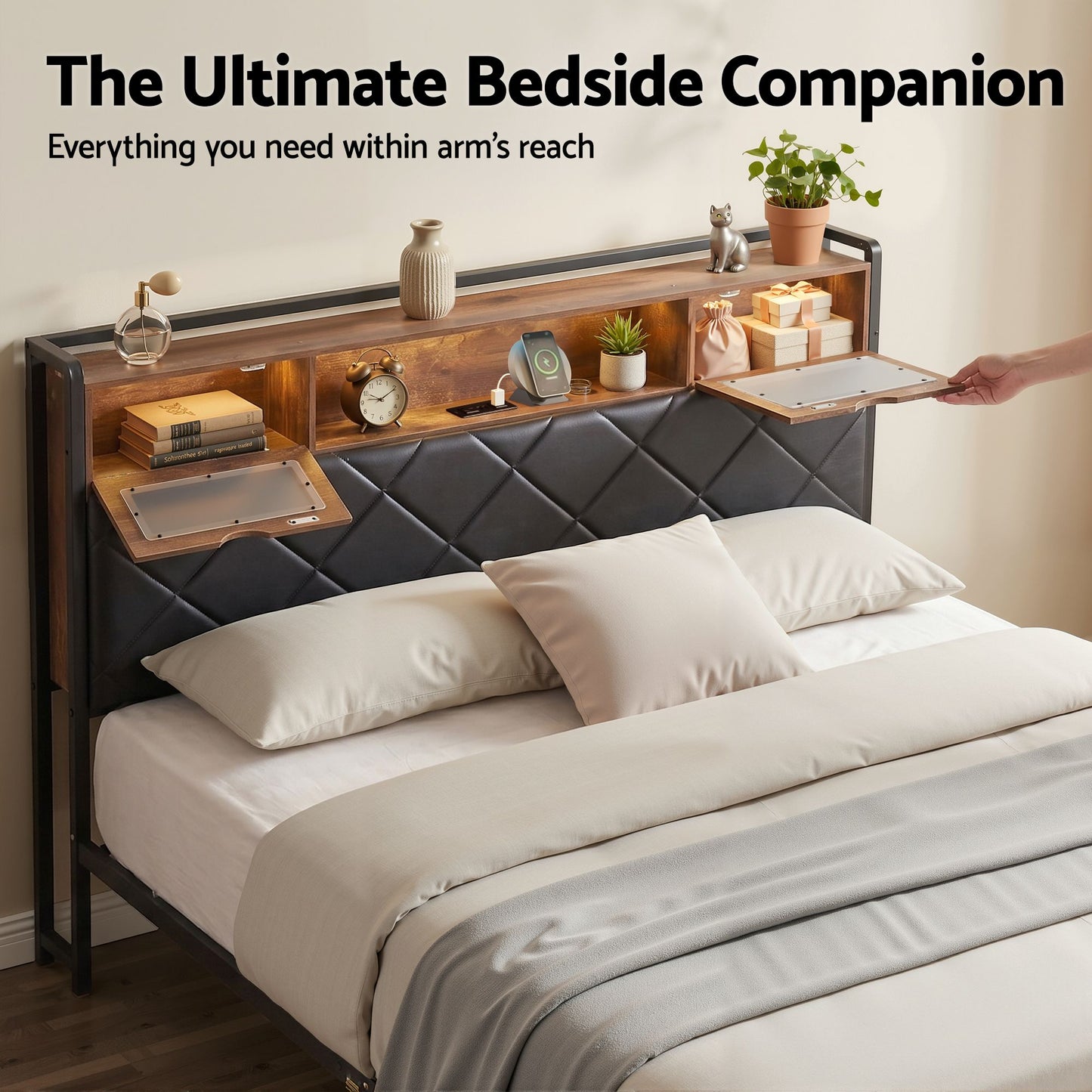 Muse Bed Frame with LED Lights Storage Headboard - Black Queen
