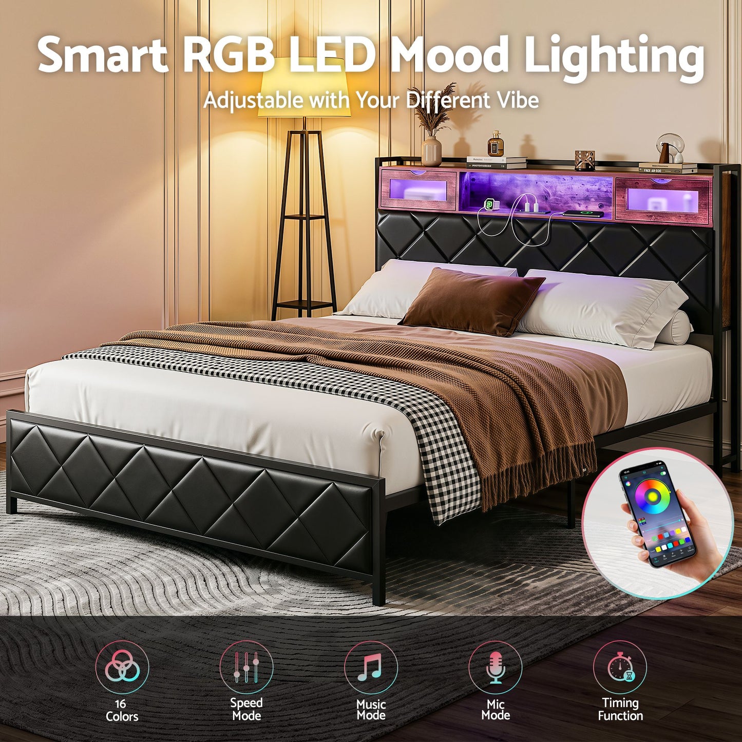 Muse Bed Frame with LED Lights Storage Headboard - Black Queen