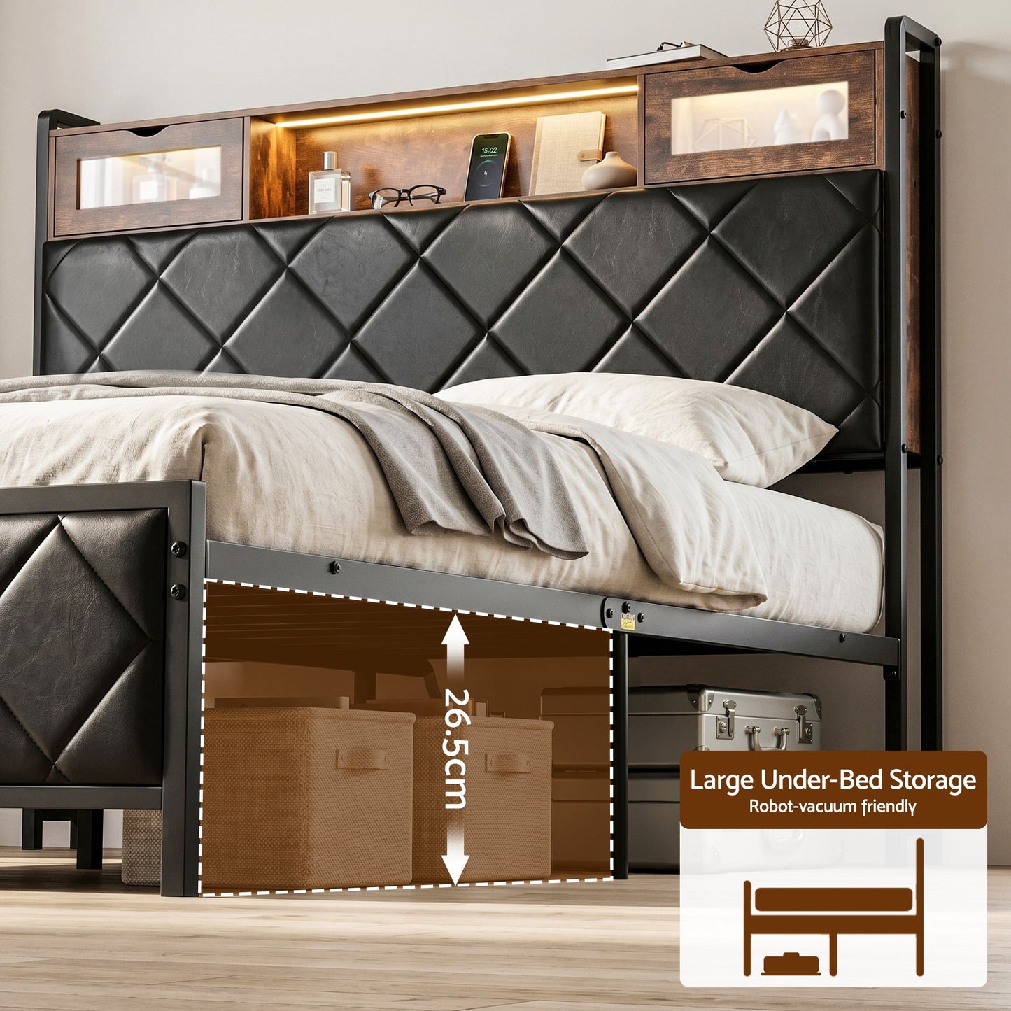 Muse Bed Frame with LED Lights Storage Headboard - Black Queen