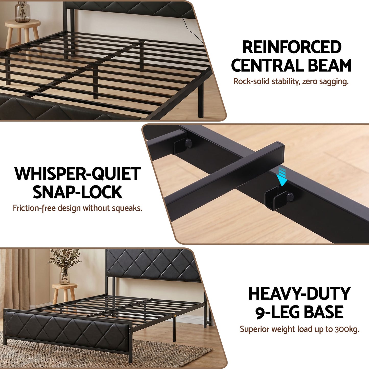 Muse Bed Frame with LED Lights Storage Headboard - Black Queen