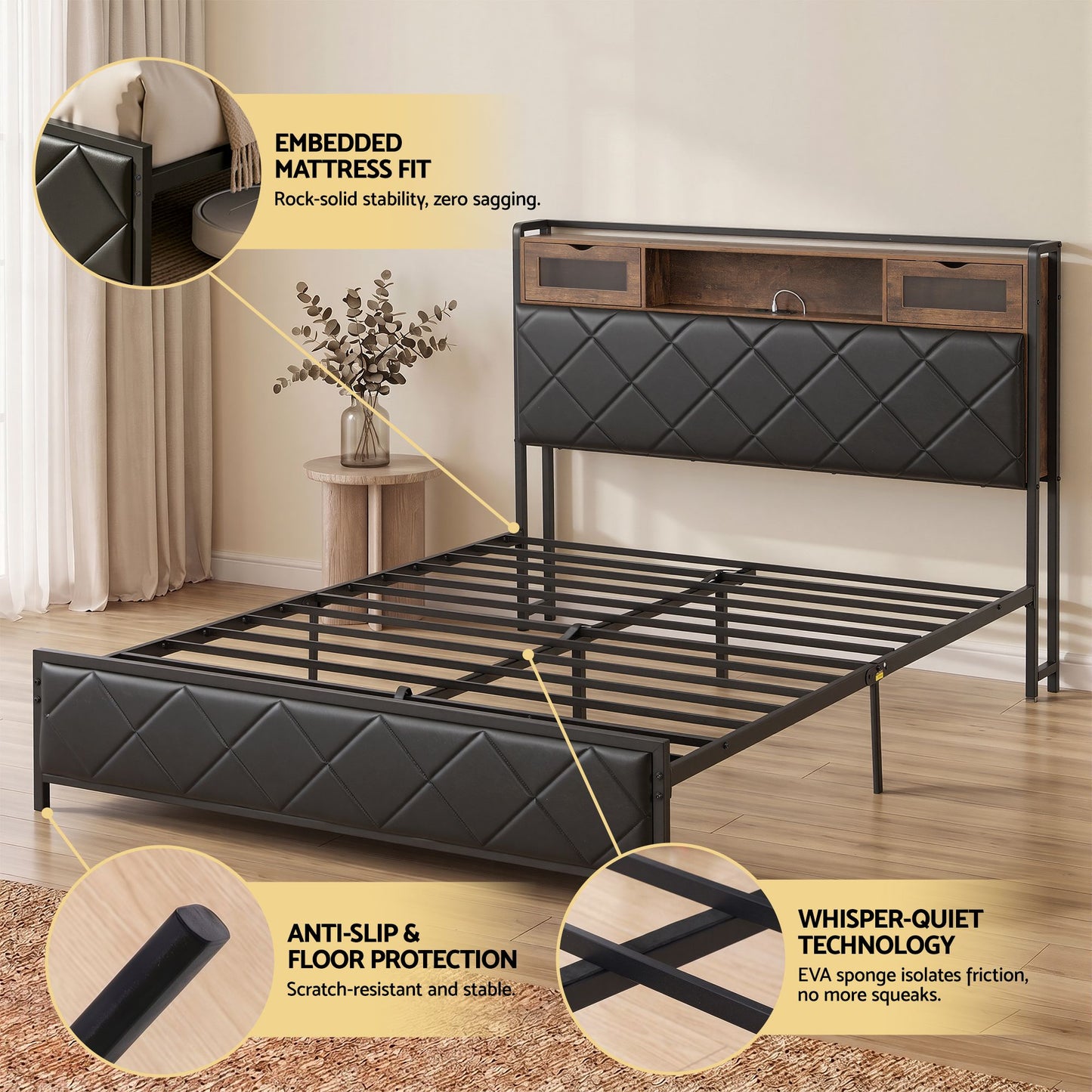 Muse Bed Frame with LED Lights Storage Headboard - Black Queen