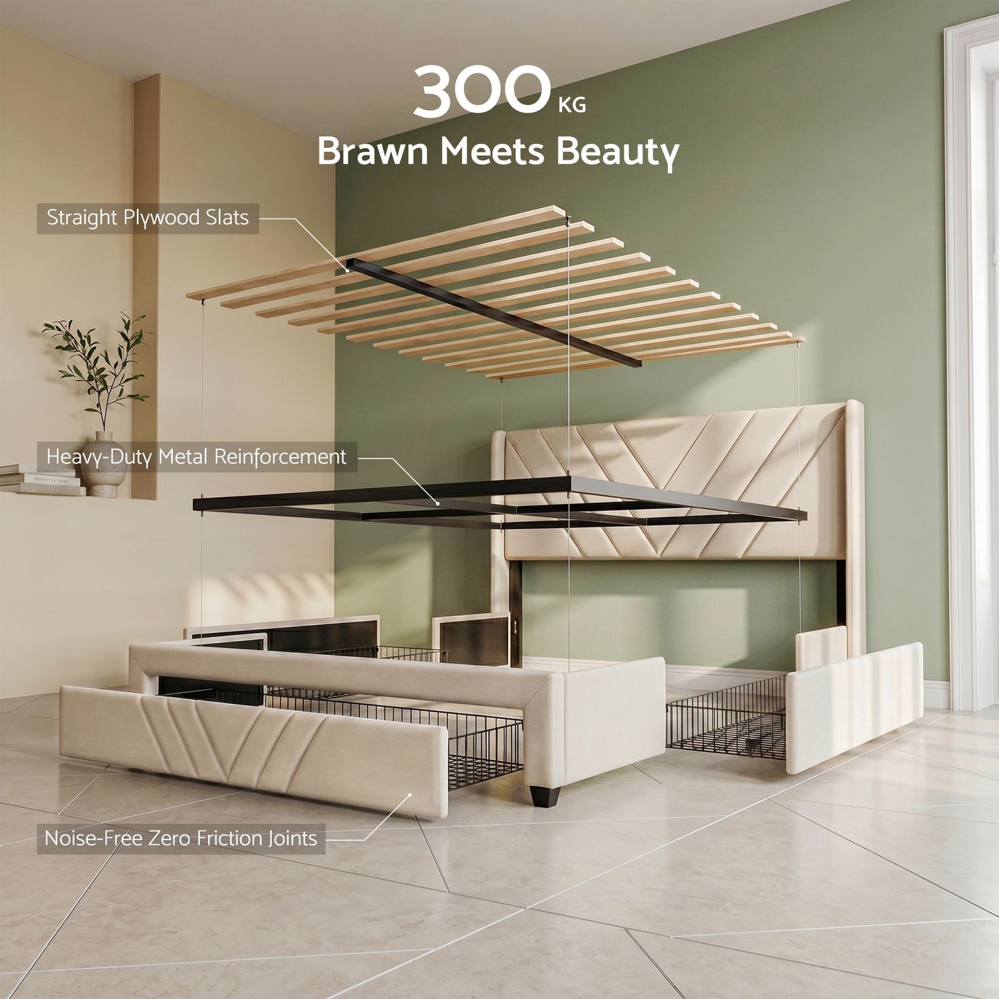 Somnia Bed Frame with Charging Station and Storage Drawers - Beige Double