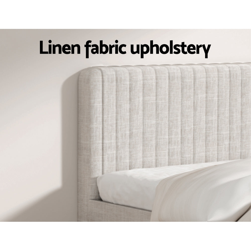 Larimar Bed & Mattress Package with 34cm Mattress Base Pocket Coil Linen Upholstered - Beige Queen