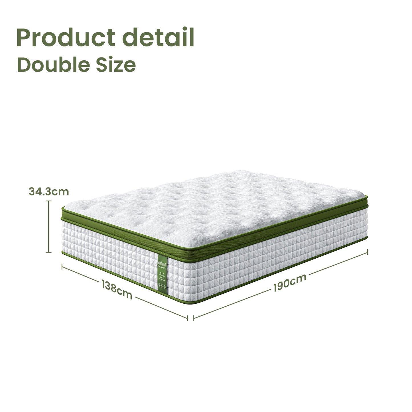 Saturn Bed & Mattress Package with 34cm Mattress Hybrid Headboard - White Double