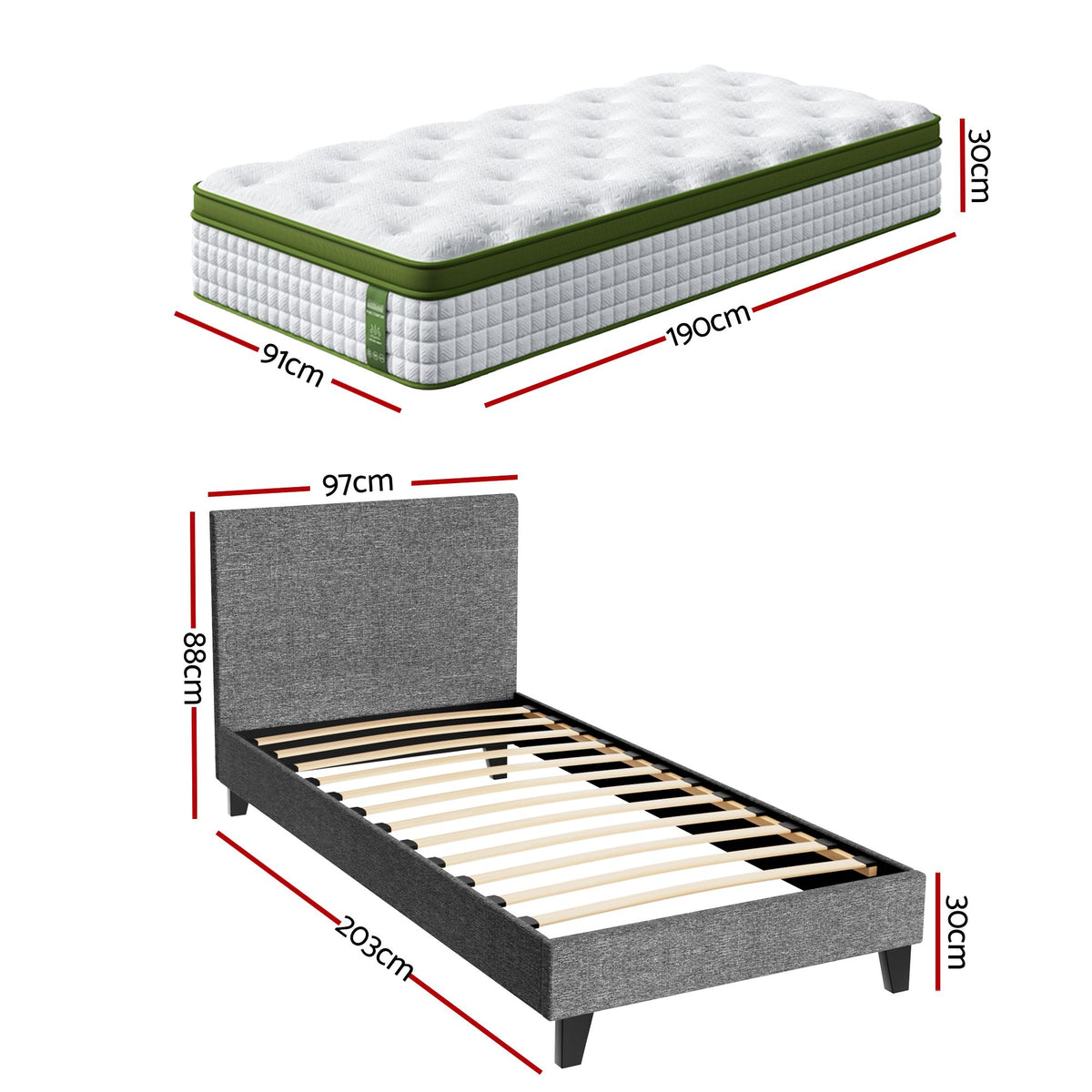 Jasper Bed & Mattress Package with 30cm Mattress Headboard Medium Firm Fabric Hybrid - Grey Single