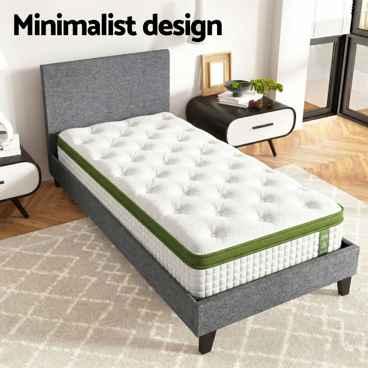 Jasper Bed & Mattress Package with 30cm Mattress Headboard Medium Firm Fabric Hybrid - Grey Single