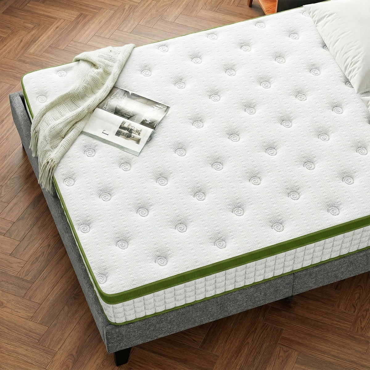 Jasper Bed & Mattress Package with 30cm Mattress Headboard Medium Firm Fabric Hybrid - Grey Single