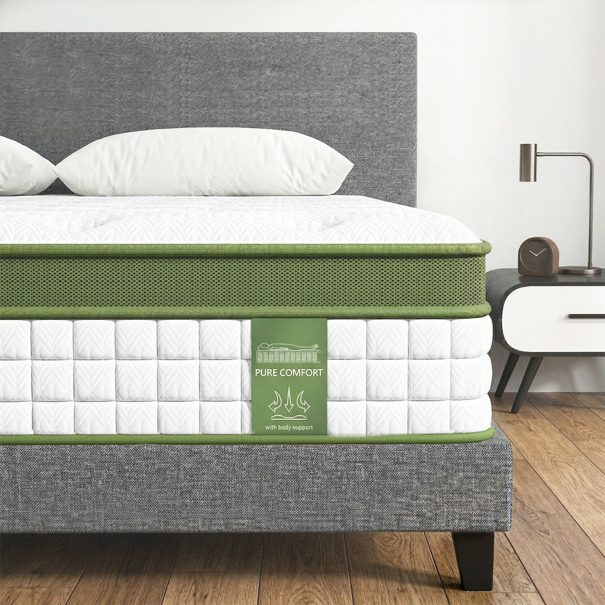 Jasper Bed & Mattress Package with 30cm Mattress Headboard Medium Firm Fabric Hybrid - Grey Single