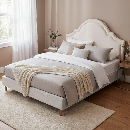 Restora Bed Frame with Storage Scalloped Velvet Headboard Wooden Platform Base - Beige Queen