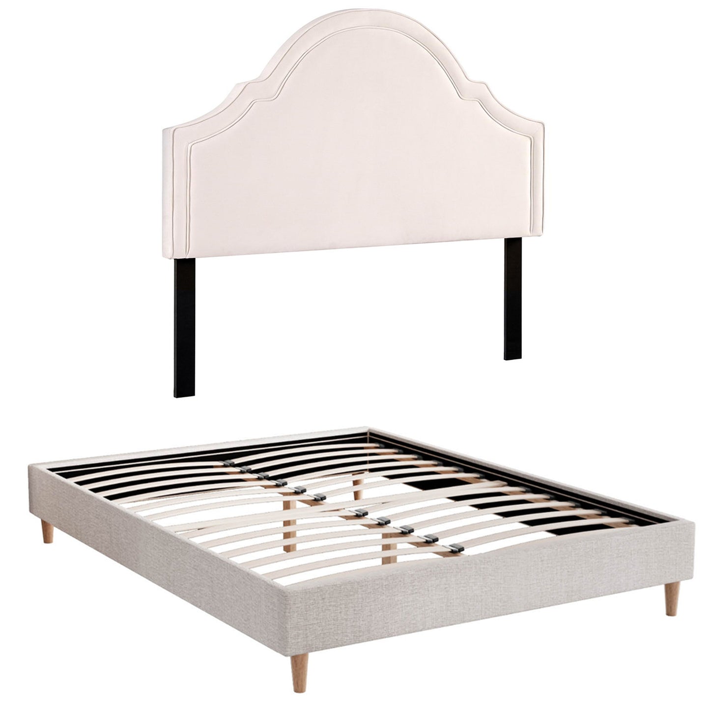 Restora Bed Frame with Storage Scalloped Velvet Headboard Wooden Platform Base - Beige Queen