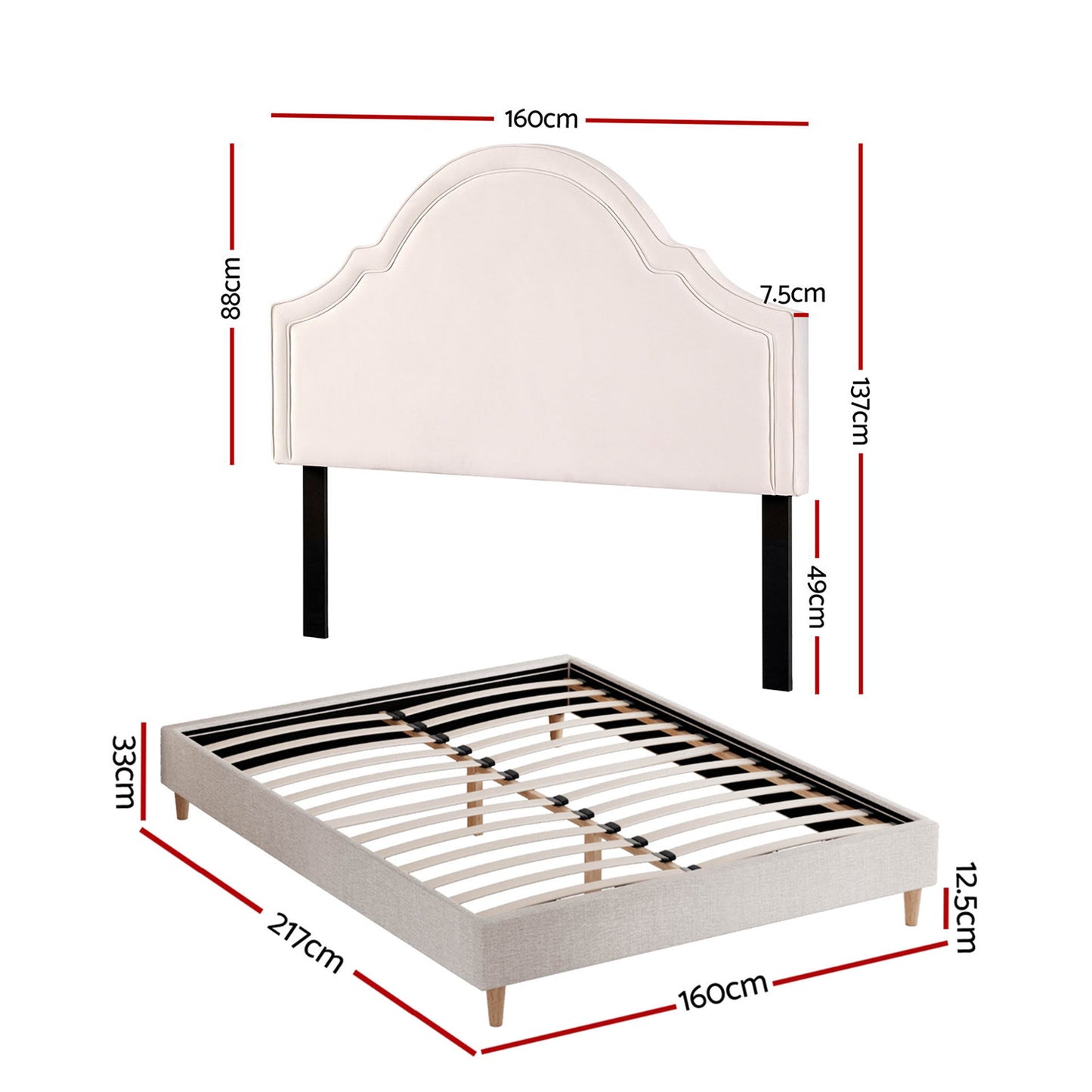 Restora Bed Frame with Storage Scalloped Velvet Headboard Wooden Platform Base - Beige Queen