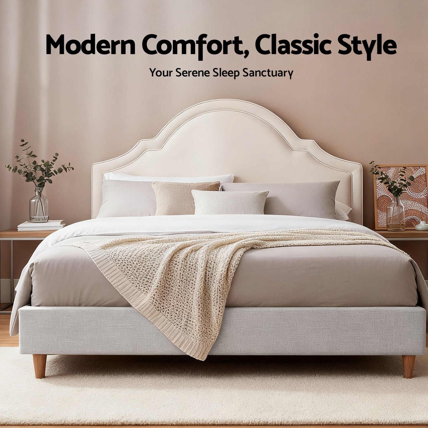 Restora Bed Frame with Storage Scalloped Velvet Headboard Wooden Platform Base - Beige Queen