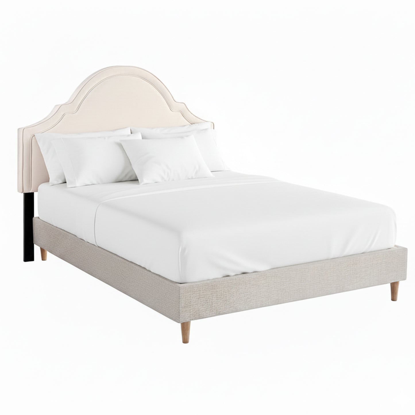 Restora Bed Frame with Storage Scalloped Velvet Headboard Wooden Platform Base - Beige Queen