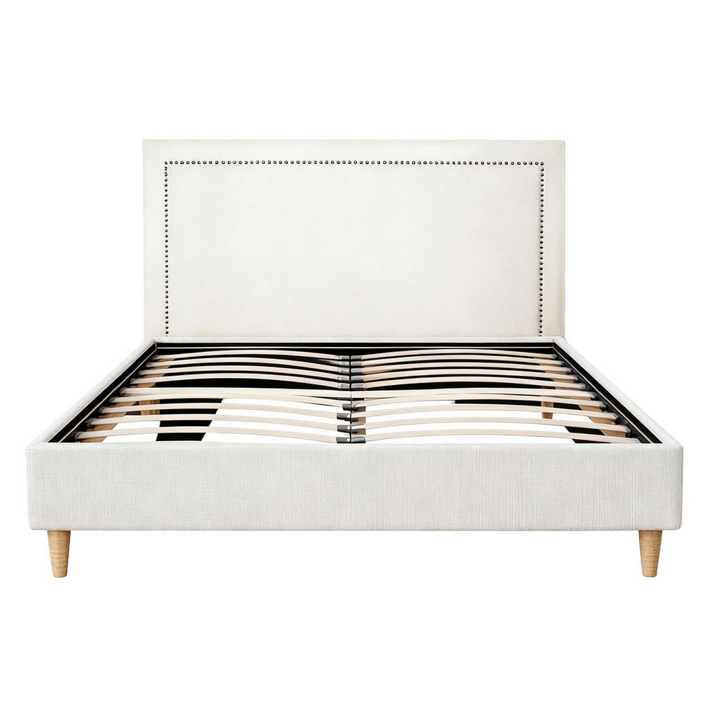 Arvela Bed Frame with Storage Scalloped Headboard Wooden Platform Base - Beige Queen