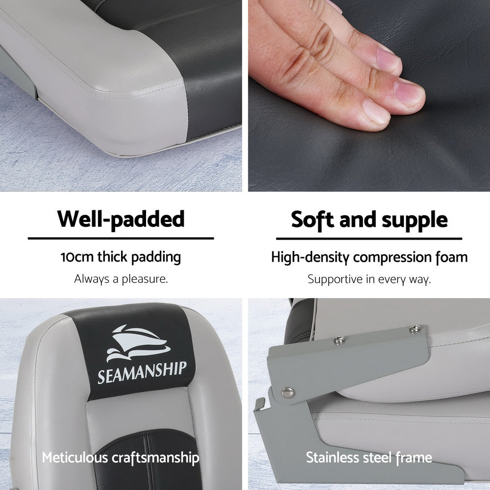 Set of 2 Folding Boat Seats Marine Swivel Low Back 10cm Padding Charcoal