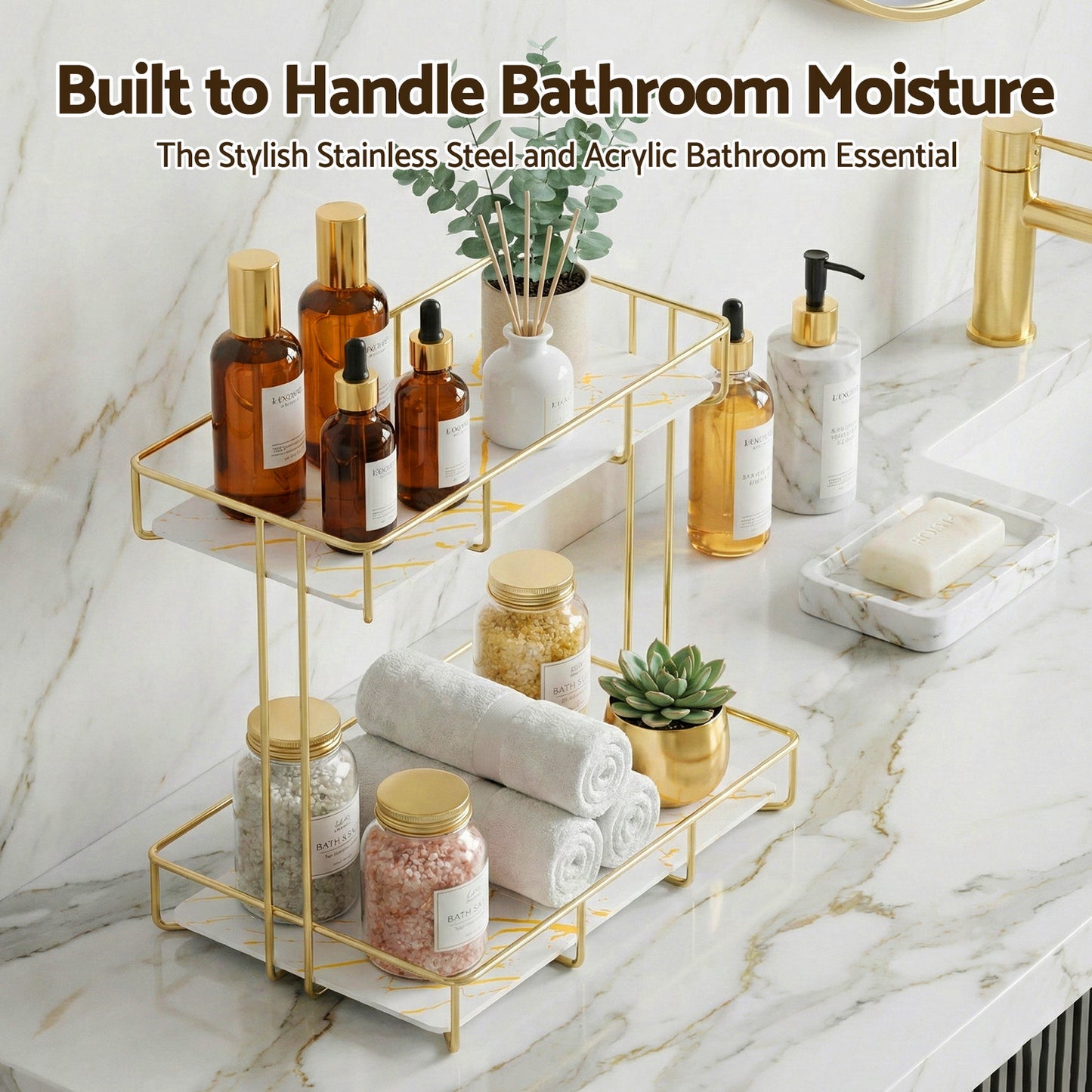 Bathroom Storage Rack 2 Tier Corner Organiser Gold Marble Look