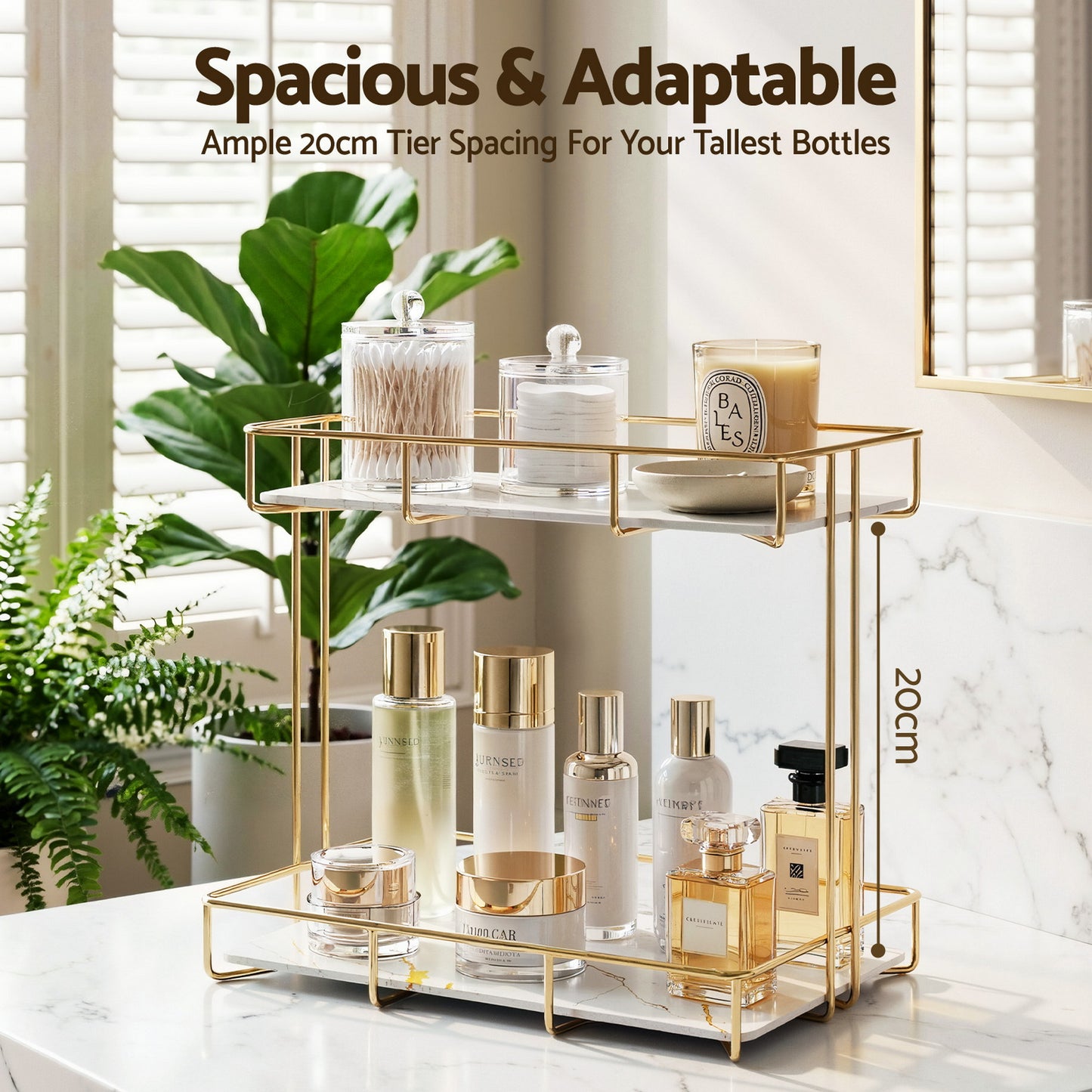 Bathroom Storage Rack 2 Tier Corner Organiser Gold Marble Look