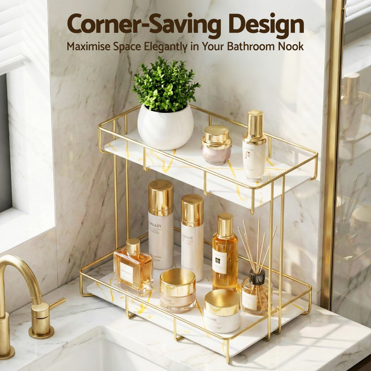 Bathroom Storage Rack 2 Tier Corner Organiser Gold Marble Look