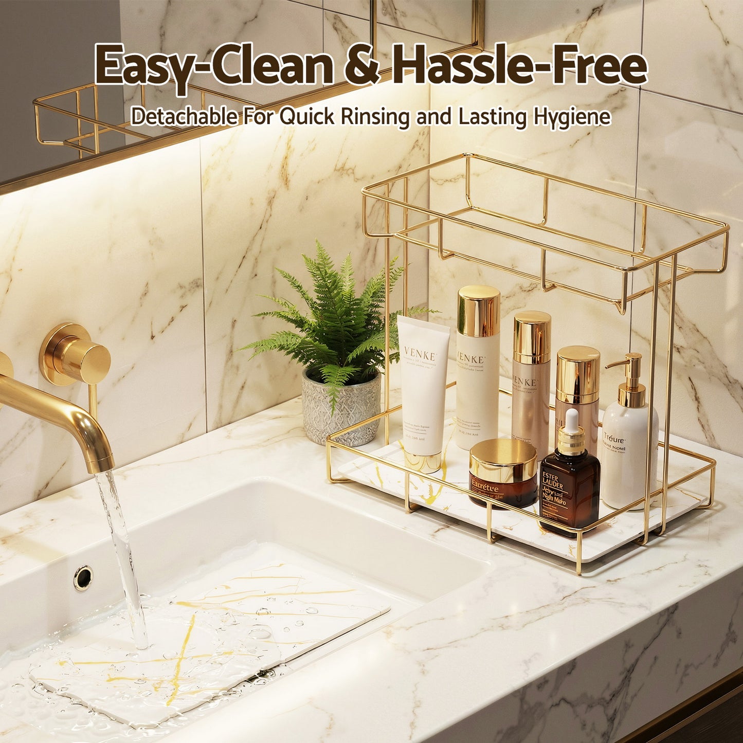 Bathroom Storage Rack 2 Tier Corner Organiser Gold Marble Look
