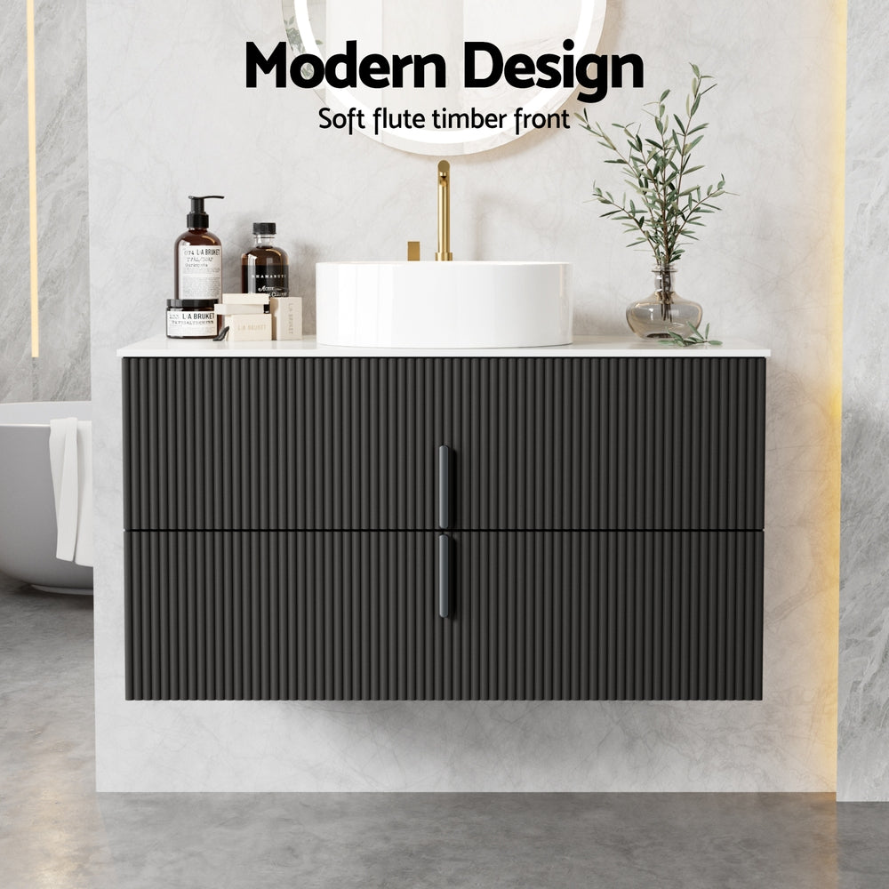 Vanity Unit 900mm Bathroom Cabinet Storage Wall Hung Black Timber Front