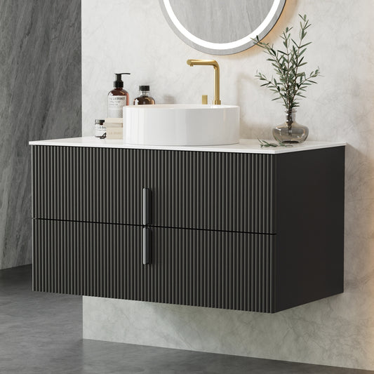 Vanity Unit 900mm Bathroom Cabinet Storage Wall Hung Black Timber Front
