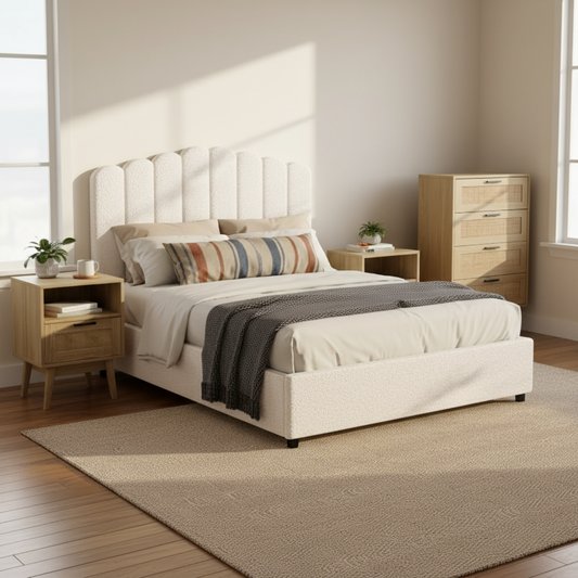 Neatly made bed with decorative pillows in a bedroom setting