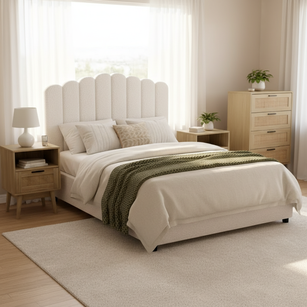 Neatly arranged bedroom with a bed, nightstands, and a dresser.