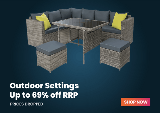 Outdoor patio furniture set featuring a gray wicker sectional sofa, matching ottomans, and a square glass-top table, with bright yellow accent pillows. Promotional text reads 'Outdoor Settings Up to 69% off RRP' on a dark blue background with a 'SHOP NOW' button.