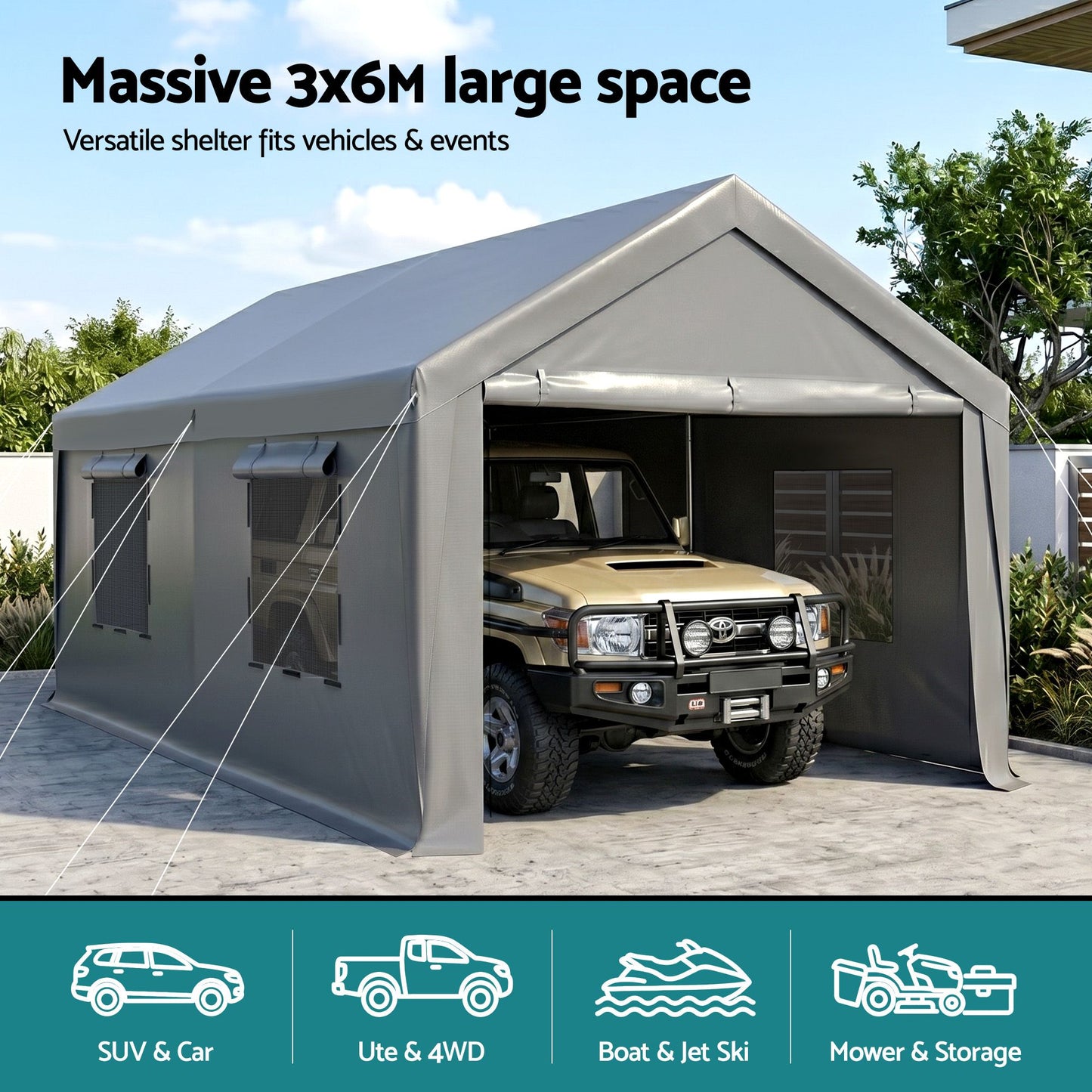 3x6m Carports Canopy Tent Portable Garage Outdoor Steel Shelter Grey