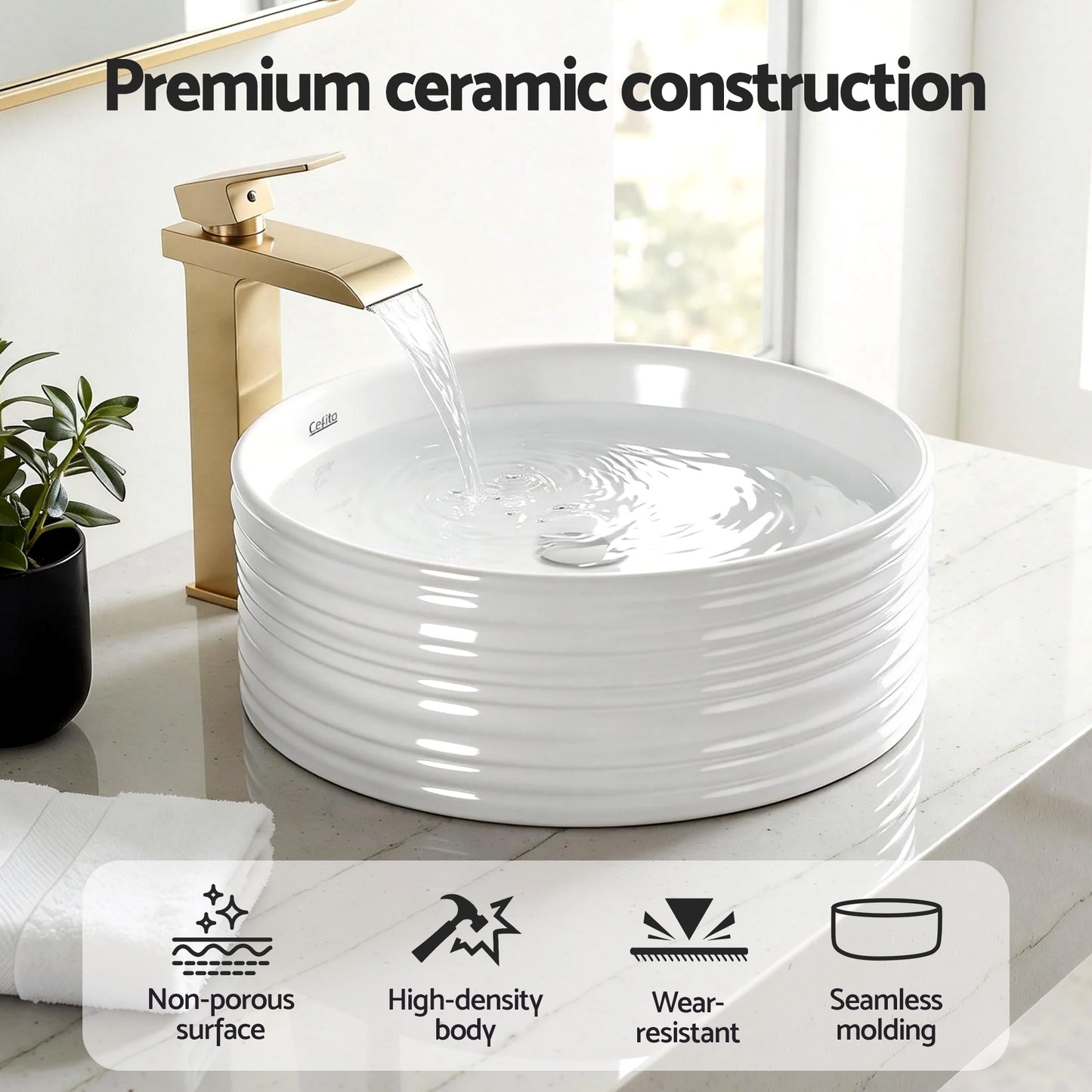 Bathroom Basin Vanity Sink Vessel Ceramic White Round Countertop 36cm