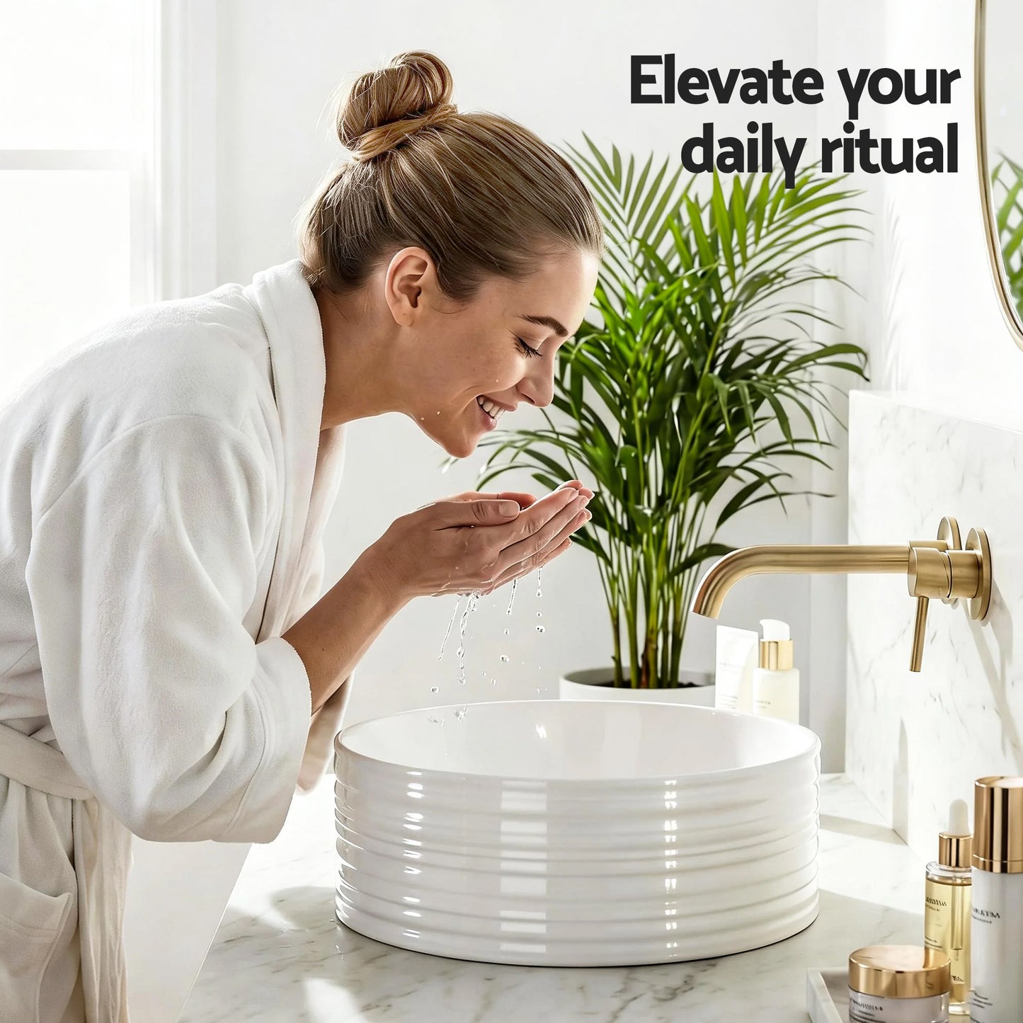 Bathroom Basin Vanity Sink Vessel Ceramic White Round Countertop 36cm