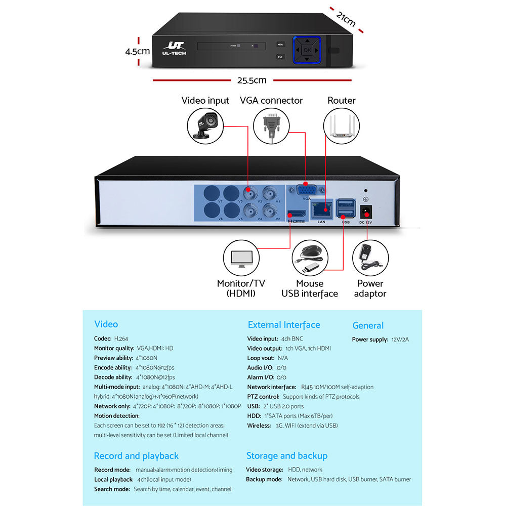 CCTV Security System 4CH DVR 4 Cameras 1080p