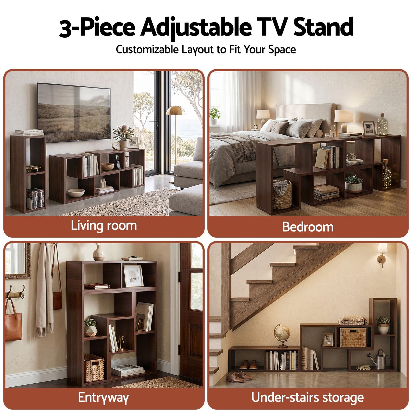 Mirelle Modular TV Stand 3 Piece Entertainment Unit Adjustable Bookcase Shelf - Walnut