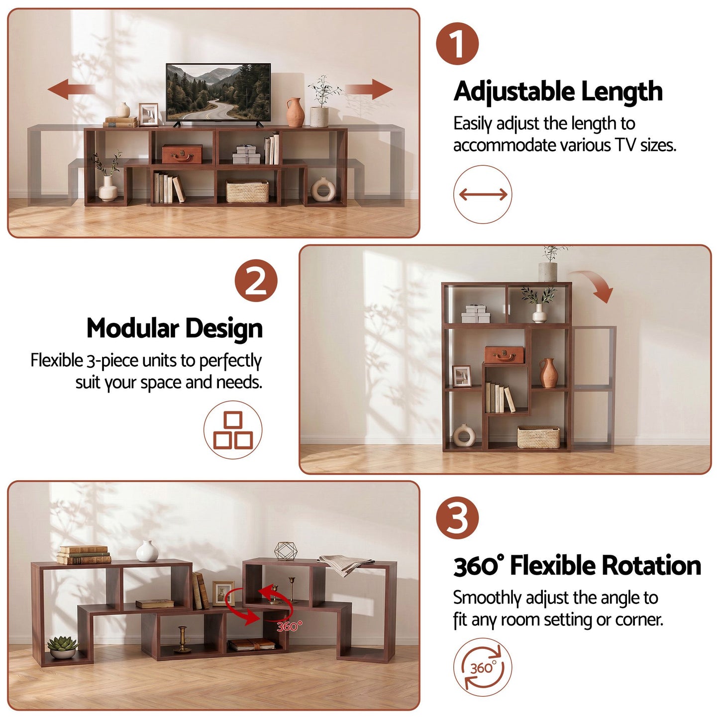 Mirelle Modular TV Stand 3 Piece Entertainment Unit Adjustable Bookcase Shelf - Walnut