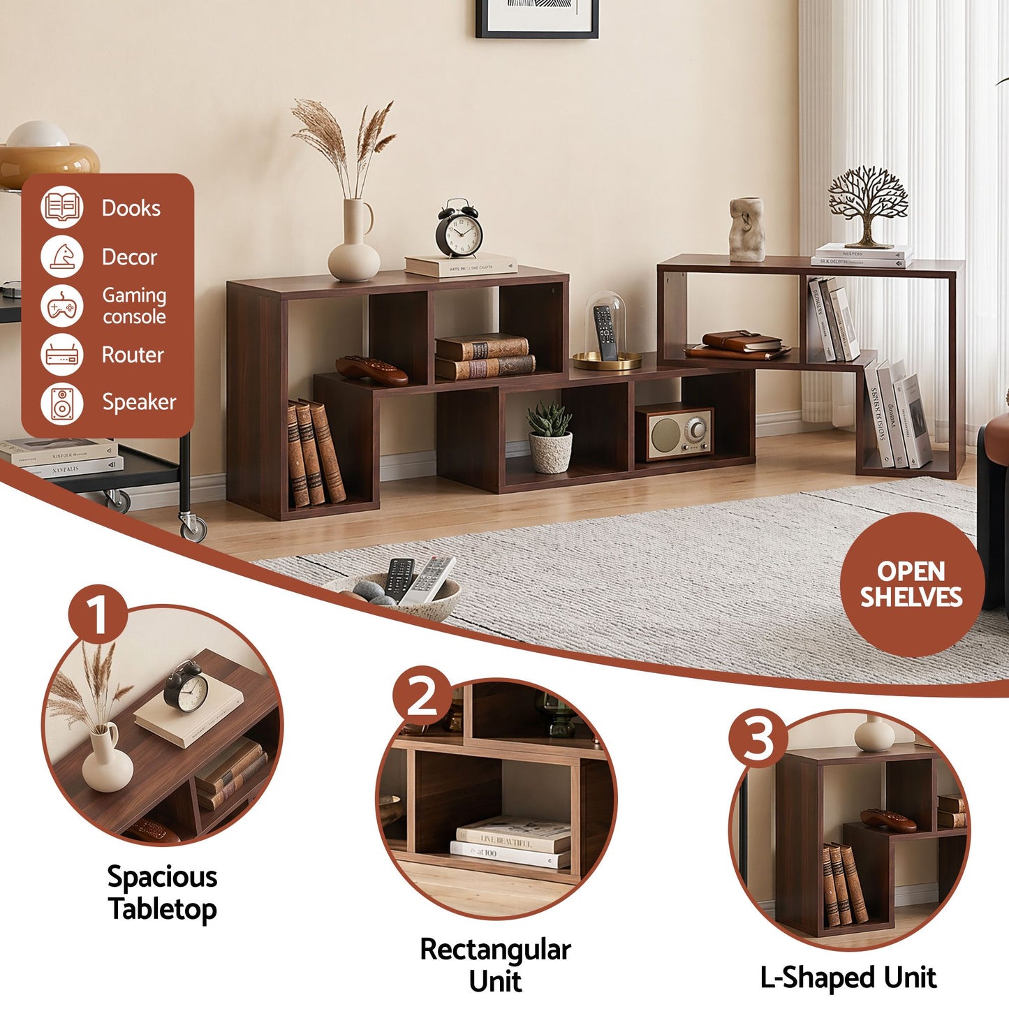 Mirelle Modular TV Stand 3 Piece Entertainment Unit Adjustable Bookcase Shelf - Walnut