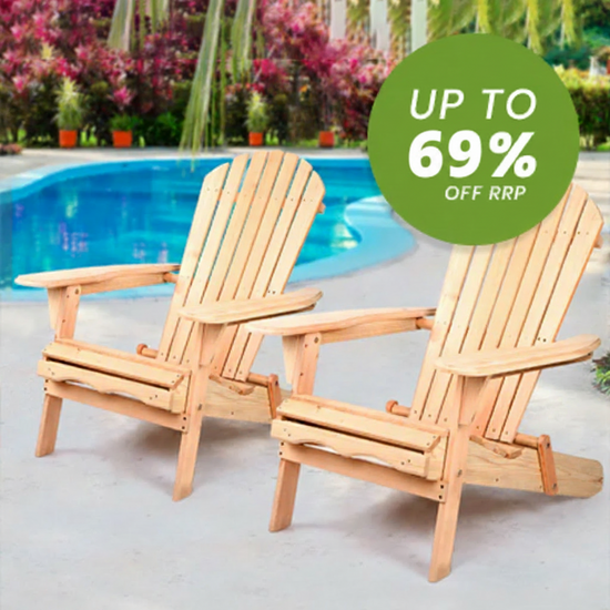 Two light natural wood Adirondack chairs placed beside a swimming pool, with a green promotional circle reading 'UP TO 69% OFF RRP' overlaid in the upper right.