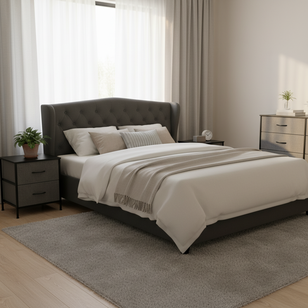 Conwy King Bedroom Suite 5 Piece 1x King Mattress, 1x King Fabric Bed Frame, 2x Dark Grey Bedside Tables and 1x Dark Grey Tallboy