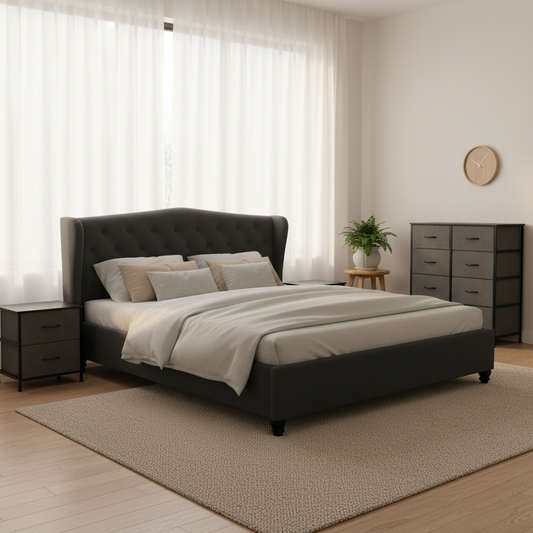 Conwy Queen Bedroom Suite 5 Piece 1x Queen Mattress, 1x Queen Fabric Bed Frame, 2x Dark Grey Bedside Tables and 1x Dark Grey Tallboy