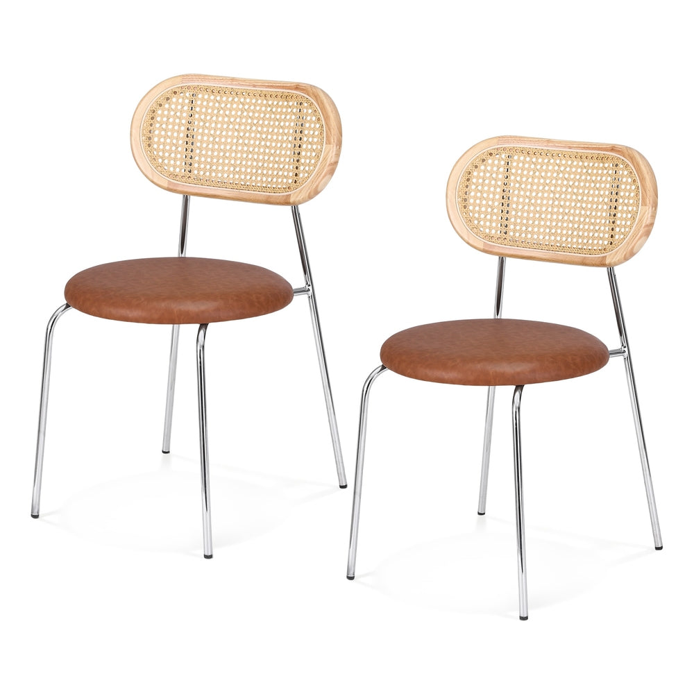 Leona Set of 2 Dining Chairs PU Leather Rattan Kitchen Lounge Cafe Accent Chair - Brown