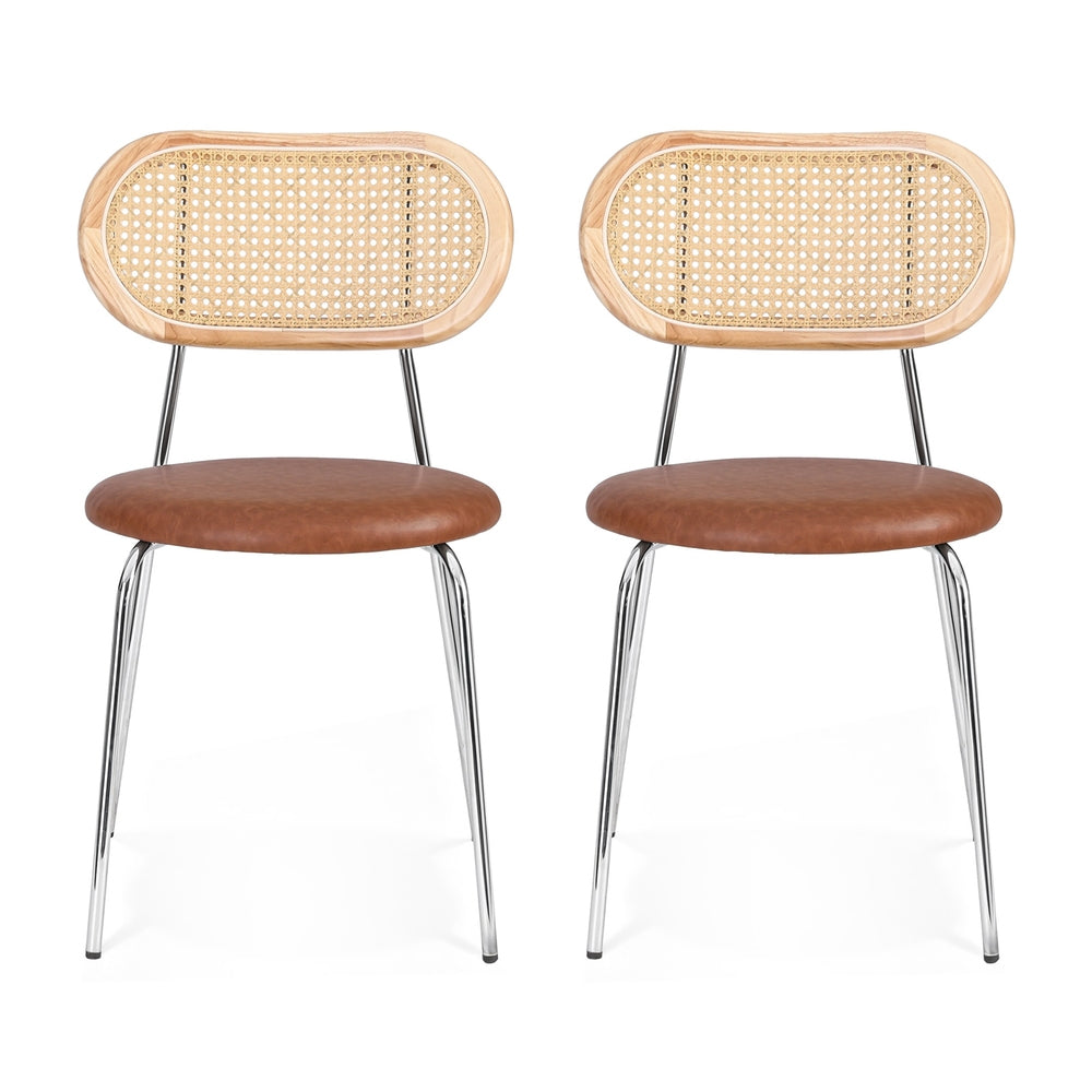 Leona Set of 2 Dining Chairs PU Leather Rattan Kitchen Lounge Cafe Accent Chair - Brown
