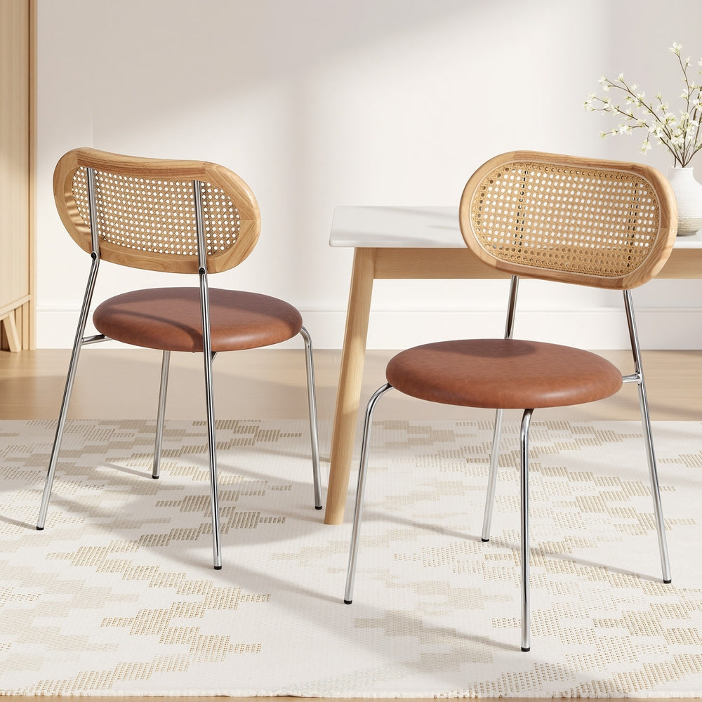 Leona Set of 2 Dining Chairs PU Leather Rattan Kitchen Lounge Cafe Accent Chair - Brown