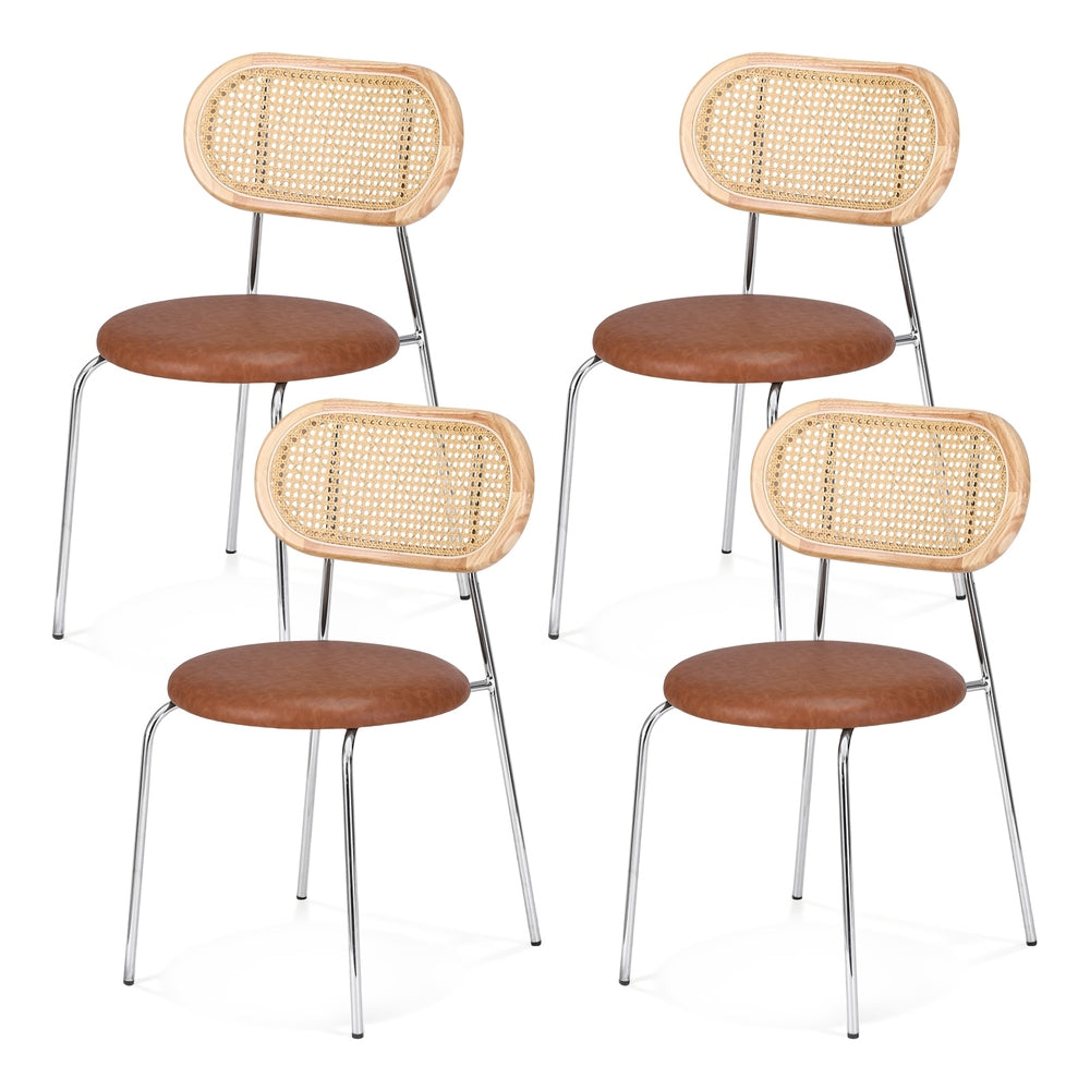 Leona Set of 4 Dining Chairs PU Leather Rattan Kitchen Lounge Cafe Accent Chair - Brown