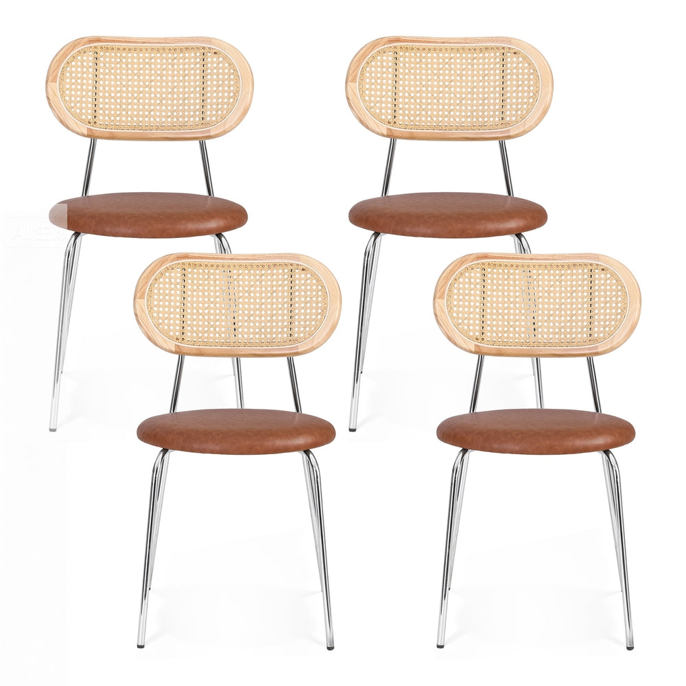 Leona Set of 4 Dining Chairs PU Leather Rattan Kitchen Lounge Cafe Accent Chair - Brown