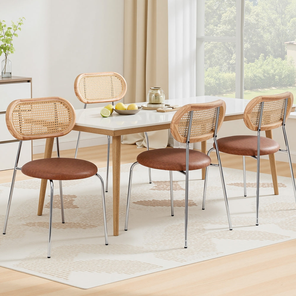 Leona Set of 4 Dining Chairs PU Leather Rattan Kitchen Lounge Cafe Accent Chair - Brown