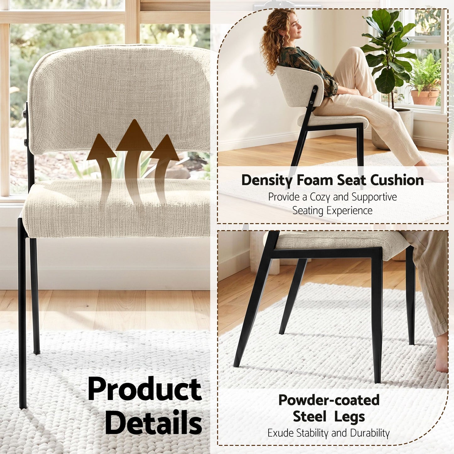Keira Set of 2 Dining Chairs Linen Fabric Soft Upholstered Chairs - Beige