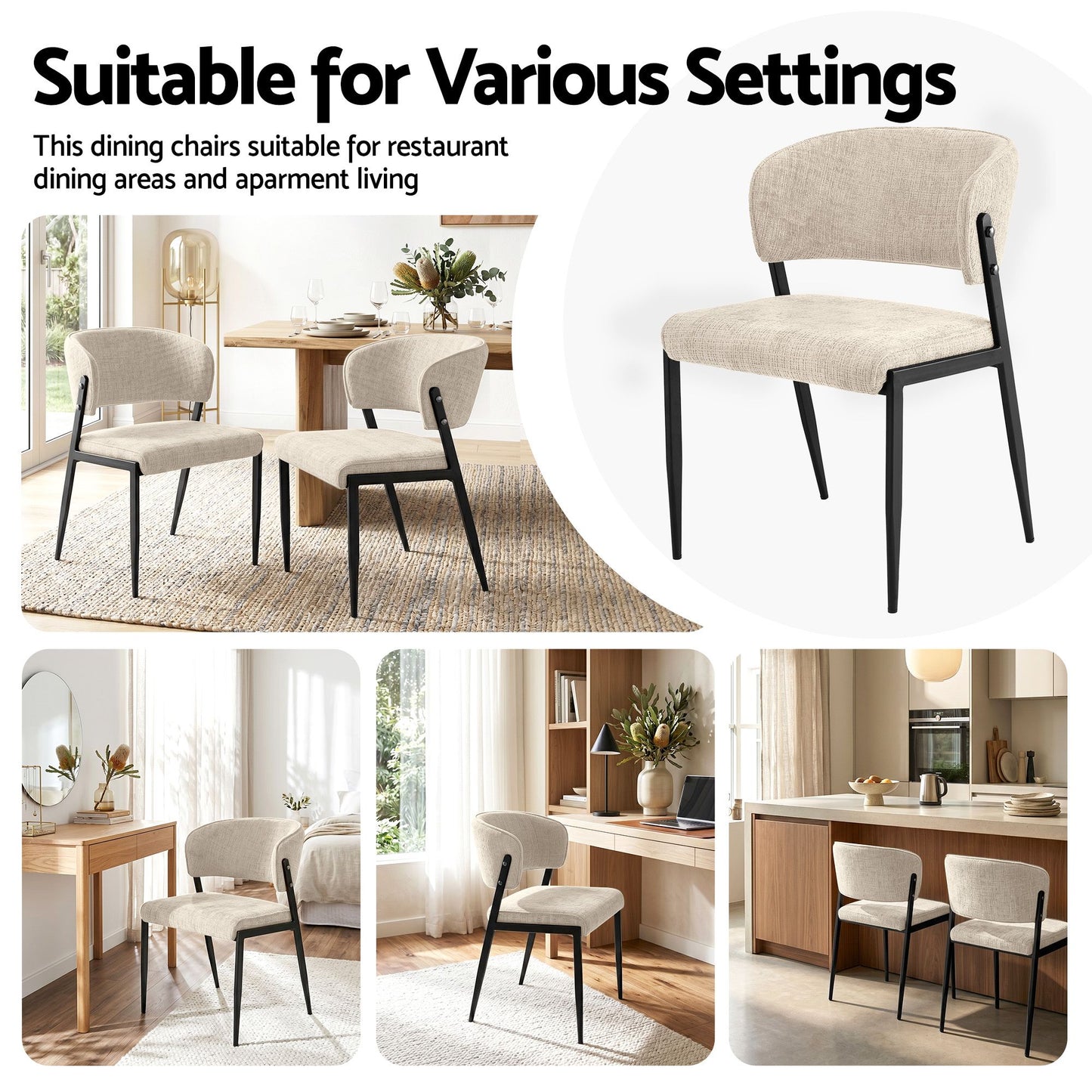 Keira Set of 2 Dining Chairs Linen Fabric Soft Upholstered Chairs - Beige